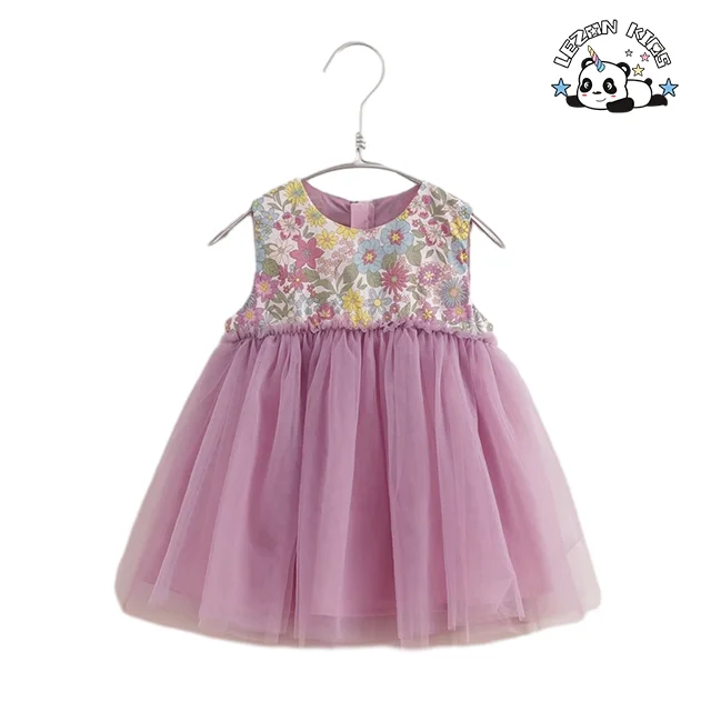 LEZONKIDS - Vestido de princesa de tule personalizável por atacado para meninas pequenas, sem mangas, estampado com flores para crianças de 2 a 14 anos
